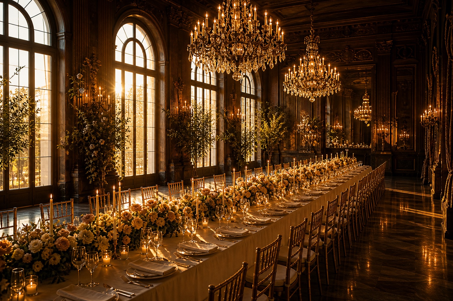 Grand event venue at golden hour, fully styled with chandeliers and candles, awaiting guests
