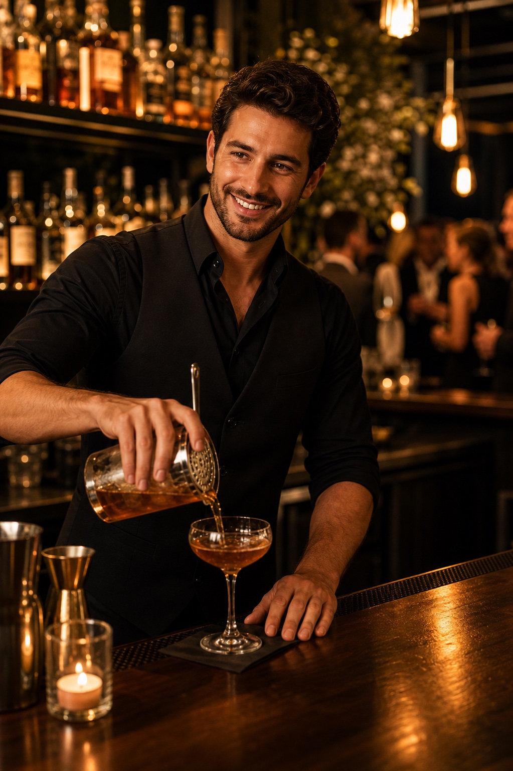 Confident bartender mid-pour at an upscale event