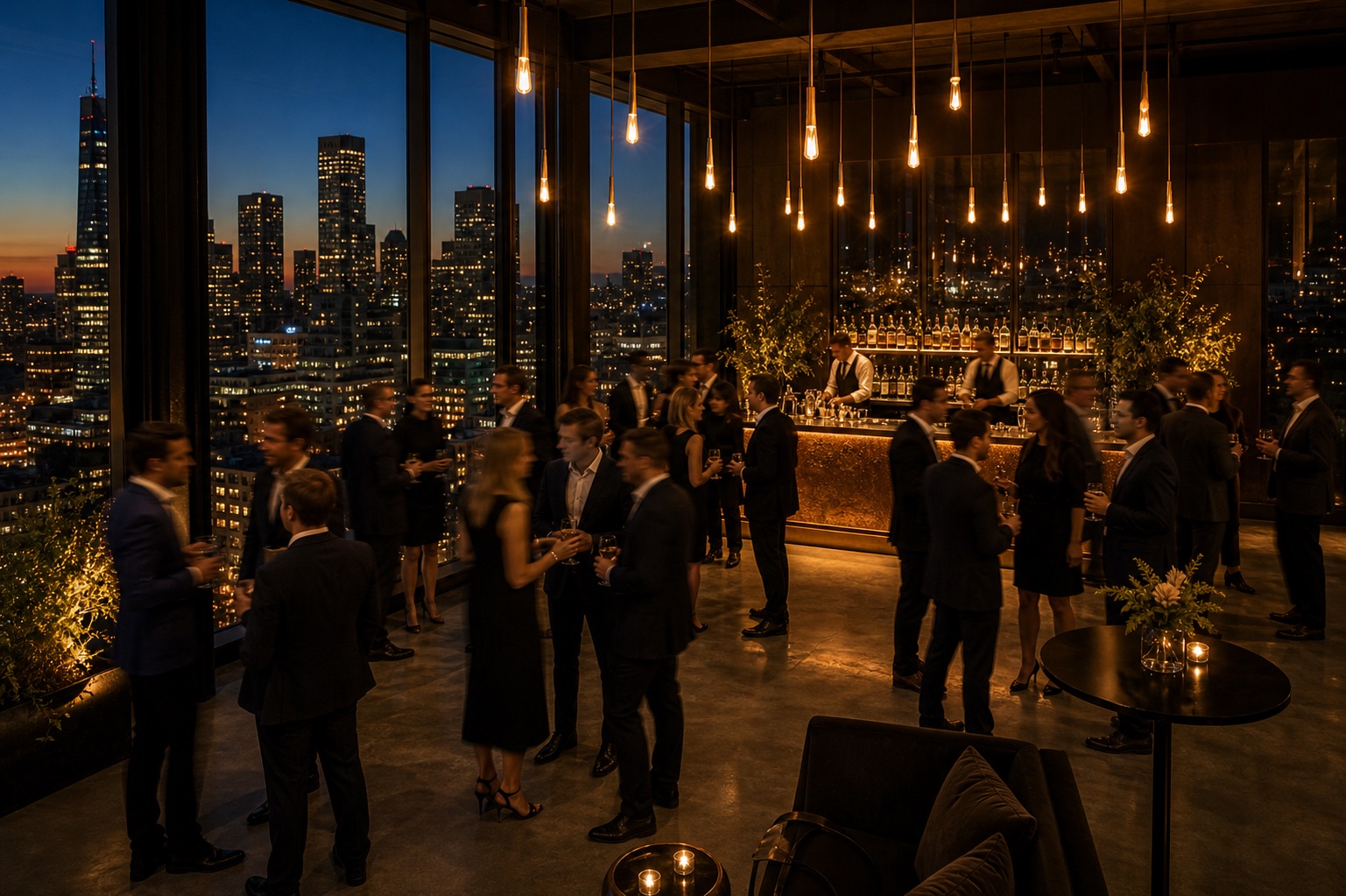 Polished corporate cocktail reception in a glass-walled rooftop venue at twilight