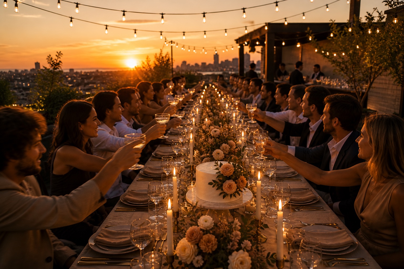 Rooftop birthday gala dinner table at golden hour with guests mid-toast